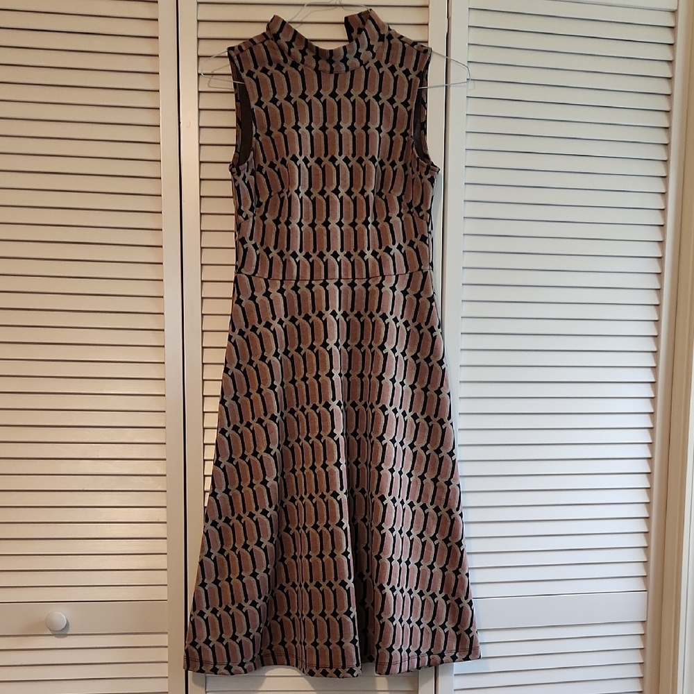 Maggy London Pink and Tan A-Line Midi Dress Mock Neck